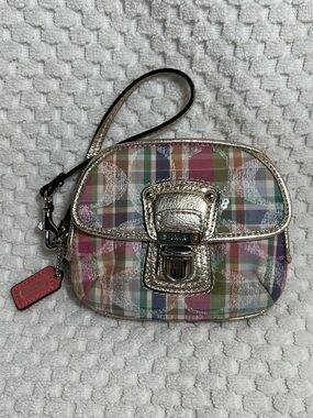 Coach Multicolor Plaid Wristlet with Metallic Gold Accents